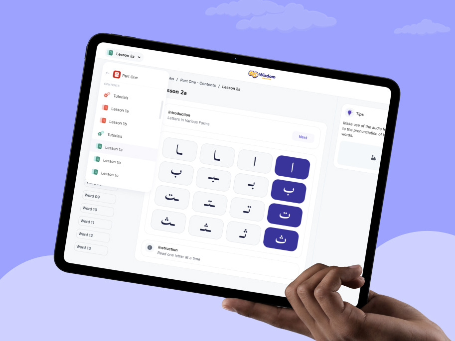 Nasihah World Arabic letters lesson open on a tablet