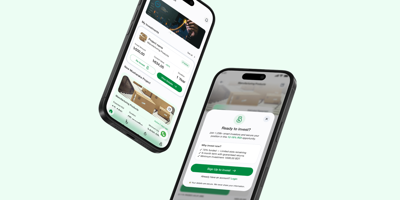 Ummah Funds investment screens on two phones